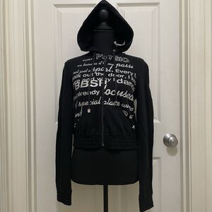 Vintage Bebe Sport Cropped Hoodie Black w/‎ Glitter Words Y2K Stretchy NWT Bling